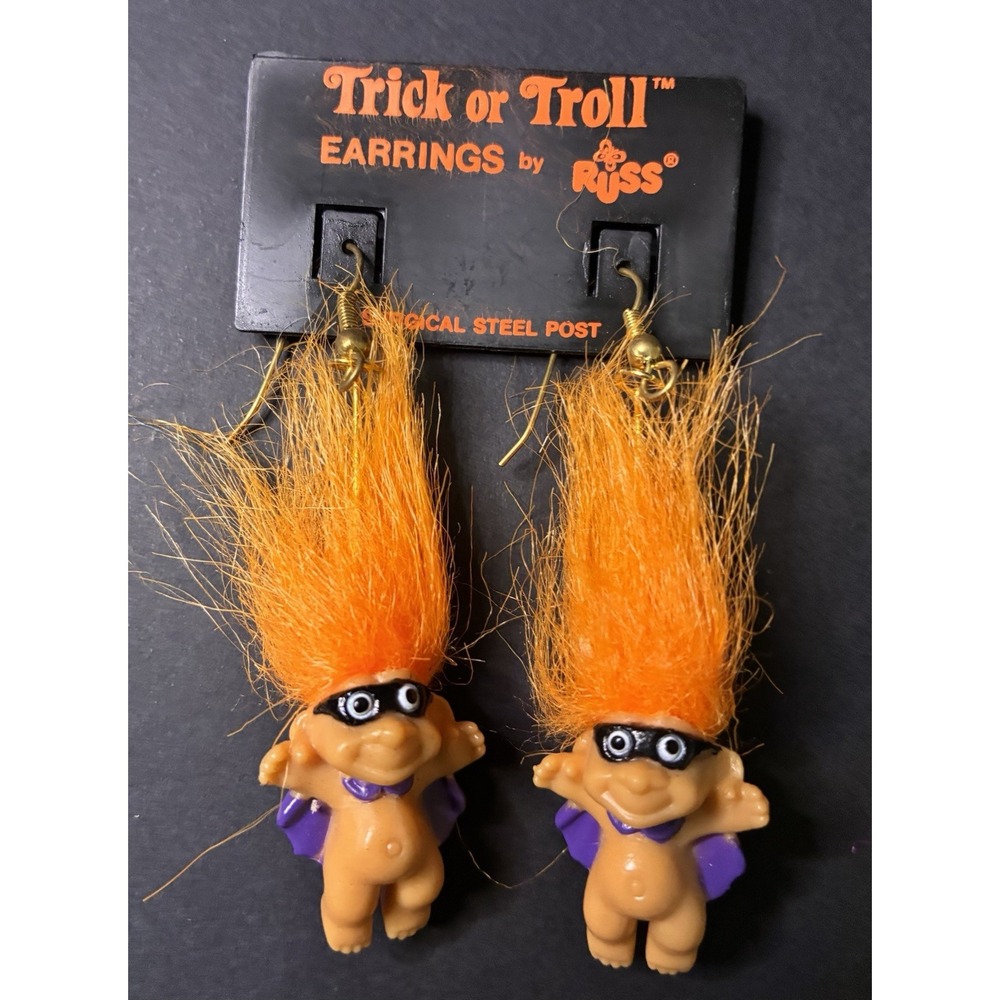 VTG Halloween Troll Doll Earrings RUSS Cape Mask Hero Pierced Dangle y2k